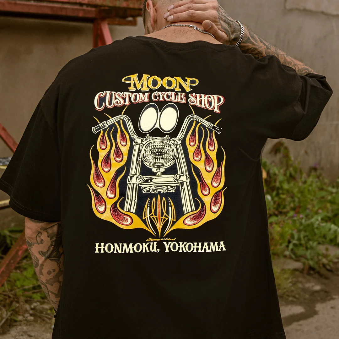 MOON CUSTOM CYCLE SHOP MOTOR Black Print T-shirt