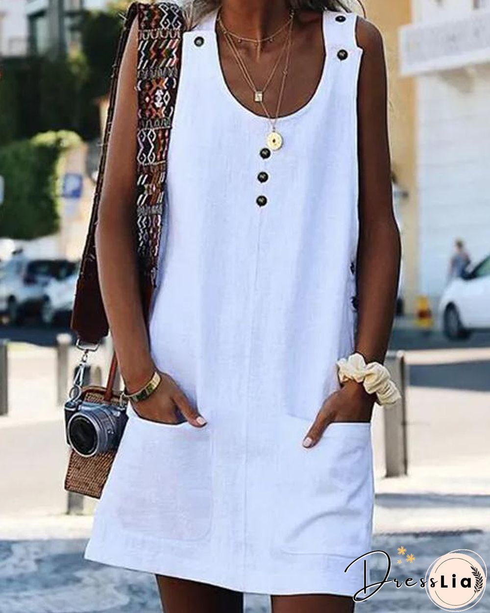 Linen Button Pocket Mini Dress