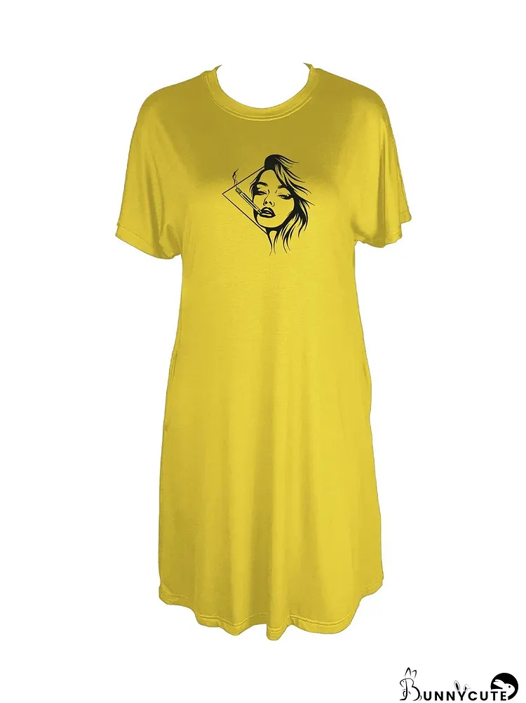 Modern Muse Abstract Face Graphic Print Crew Neck Tee Dress Casual Short Sleeve Dress For Spring & Summer Women's Clothing