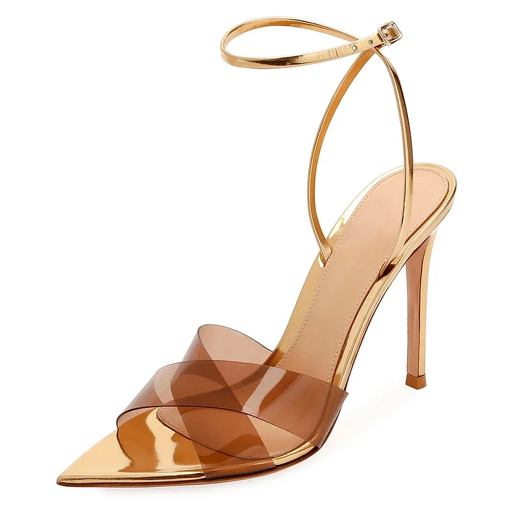 Gold transparent Ankle Strap heels Stiletto Heel Sandals |FSJ Shoes