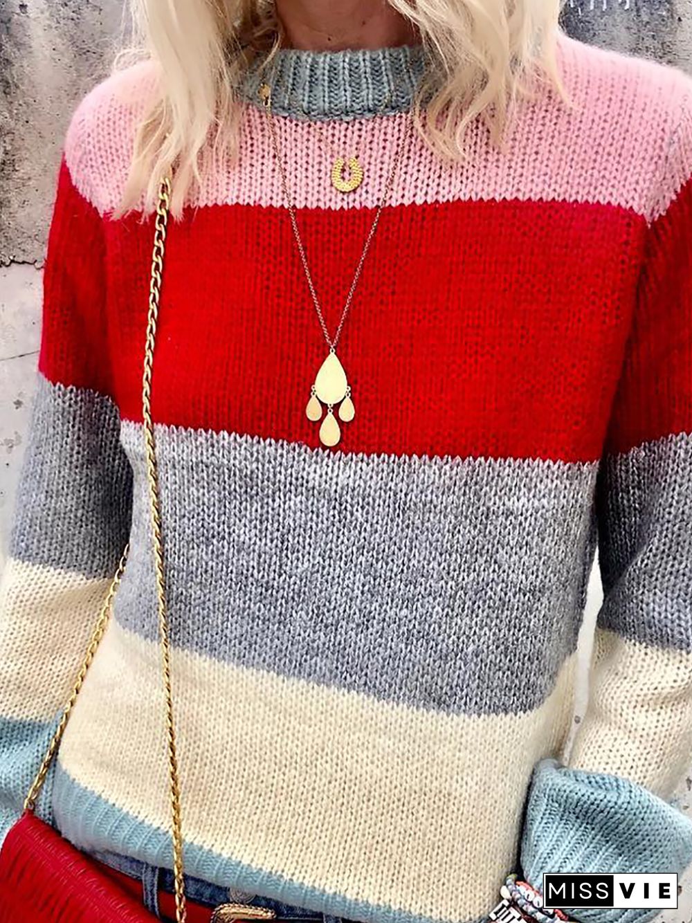 Women Striped Boho Autumn Acrylic Date Long sleeve Crew Neck Sweater