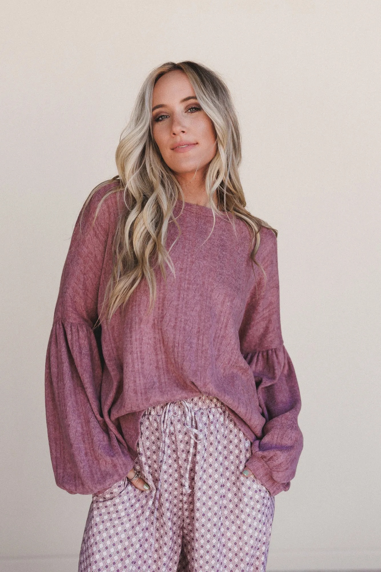 The Nest Sweet Heart Balloon Sleeve Knit Sweater - Mulberry