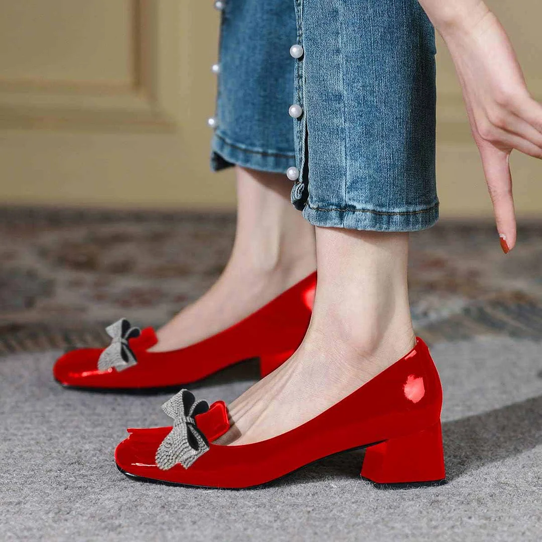 Red Square Toe Fringe Chunky Heel Rhinestone Bow Pumps Shoes