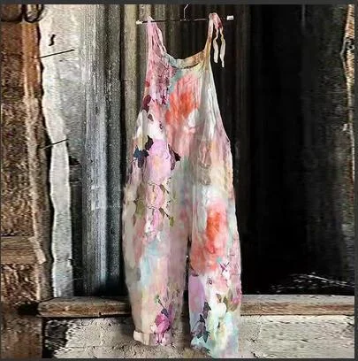 Brownm Summer Slub Linen Vintage Print Wide Dresses