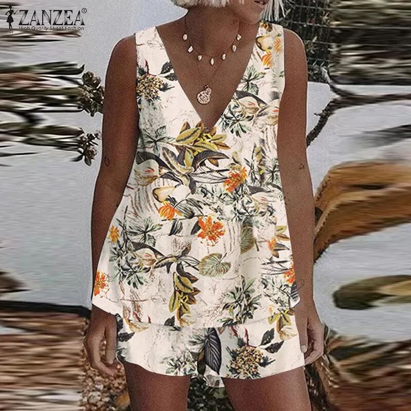 ZANZEA Summer Matching Sets Women Casual Sleeveless Short Sets Solid Tanks Tops and Shorts 2PCS Loose Cotton Suits Home wear