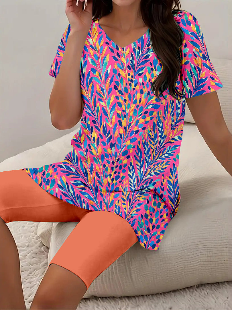Women Long Sleeve V-neck Graphic Floral Printed Top