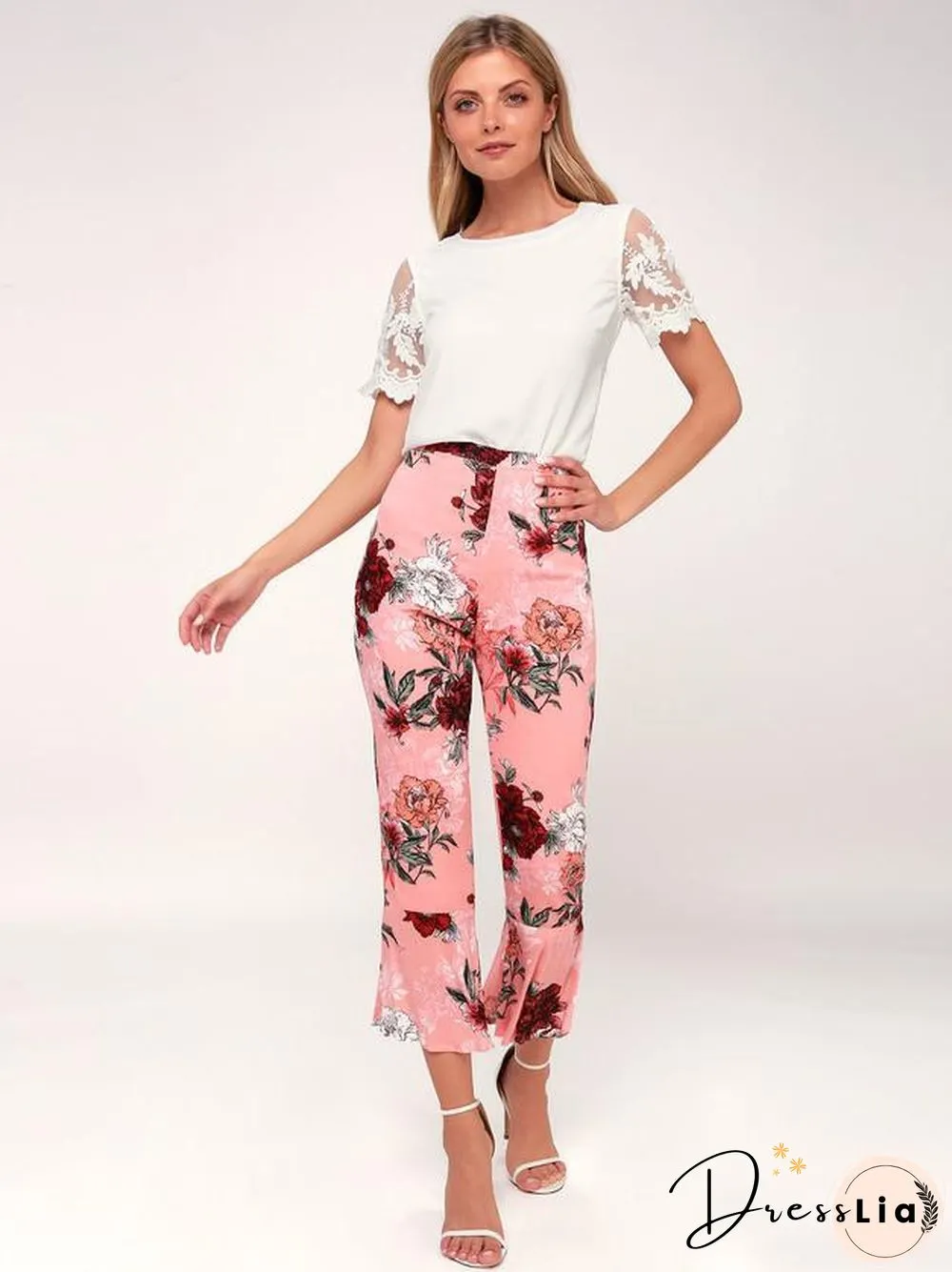 Pink Short Sleeve Floral Embroidered Office Lace Top