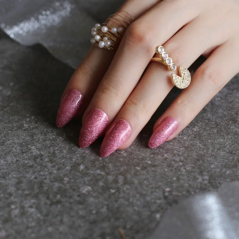 gel polish UV coffee Almond Holographic glitter art nails tabs Stiletto False nail Brown red fake Nails Gold silver 24pcs-Nail Inspo