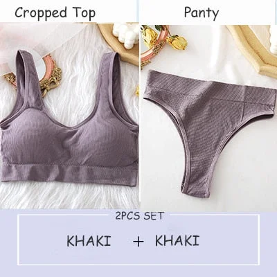 Women's Bra Set Sexy Cropped Top And Pantys Seamless Briefs For Girls Tank Top Thong Lingerie Suit Soft Underwear Sets 6 Colors