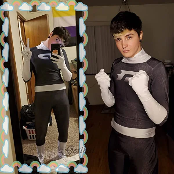 Gesikai Danny Phantom Cosplay Costume 3D Print Spandex Zentai Suit SuperHero Bodysuit Halloween Costume for Adults Kids Adult-Large (Height 63-67 inch)