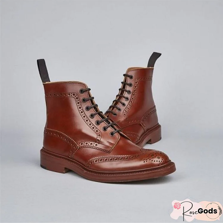 Vintage Calf Leather Brogue 7-Eyelet Derby Ankle Boots
