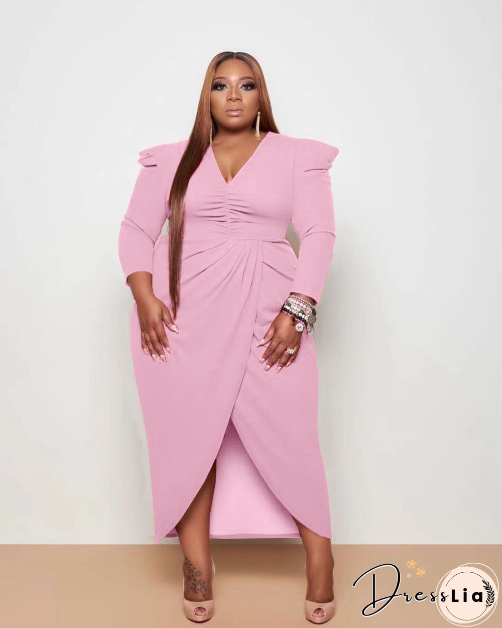 Plus Size V-neck Folds Maxi Dresses