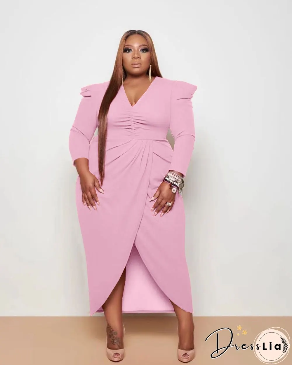 Plus Size V-neck Folds Maxi Dresses