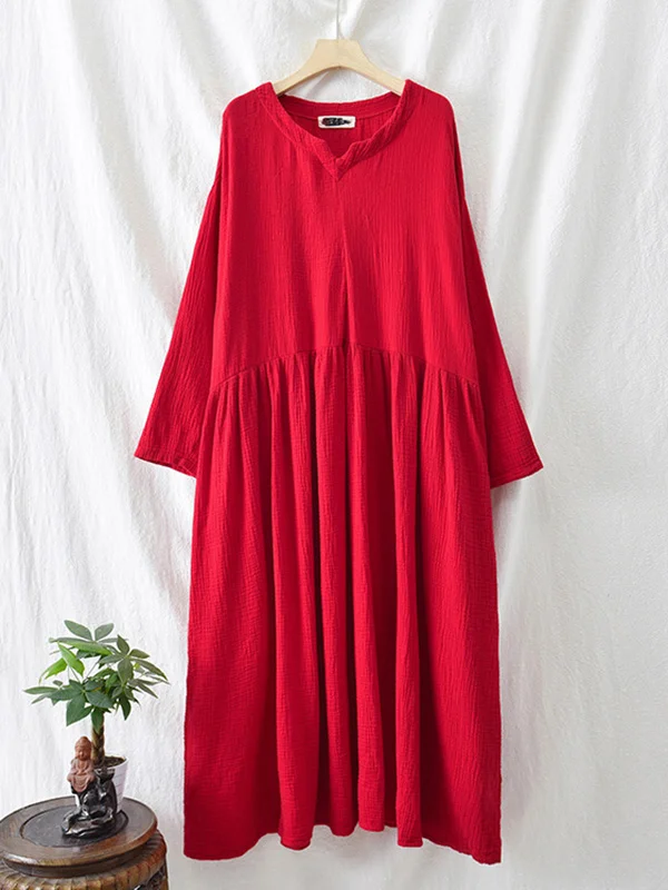 Vintage Pure Color Roomy V-Neck Long Sleeve Dress