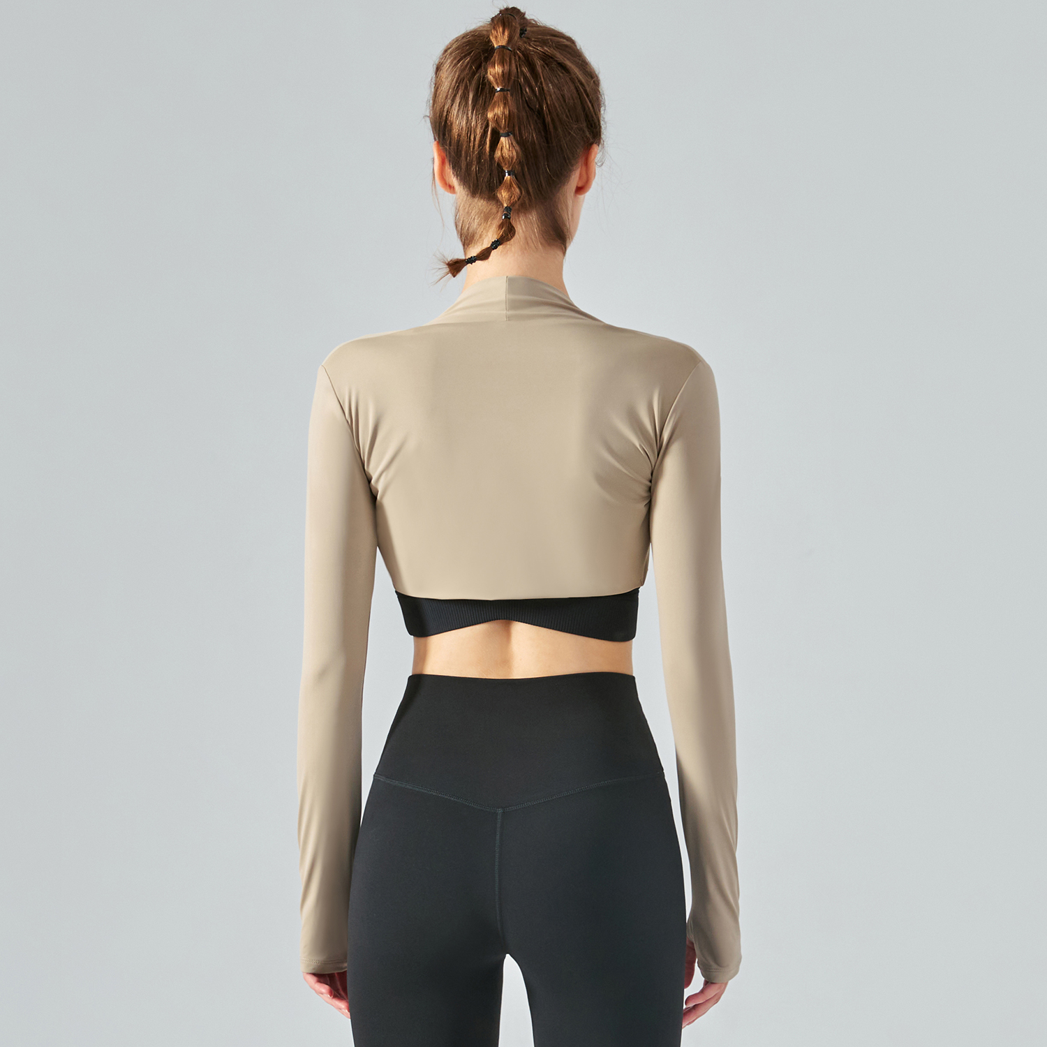 Hergymclothing Khaki long sleeve crop sunscreen waistcoat thin running jacket with thumb holes online shopping