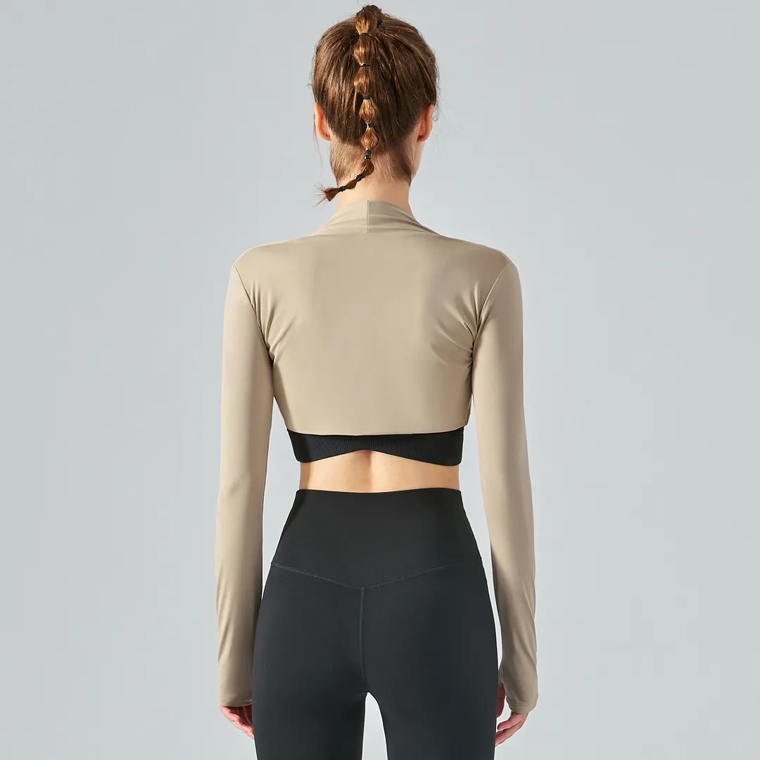 Hergymclothing Khaki long sleeve crop sunscreen waistcoat thin running jacket with thumb holes online shopping