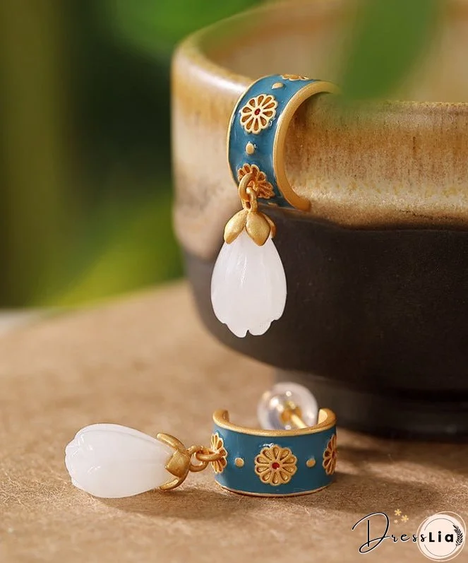 Simple White Copper Inlaid Hetian Jade Stud Earrings