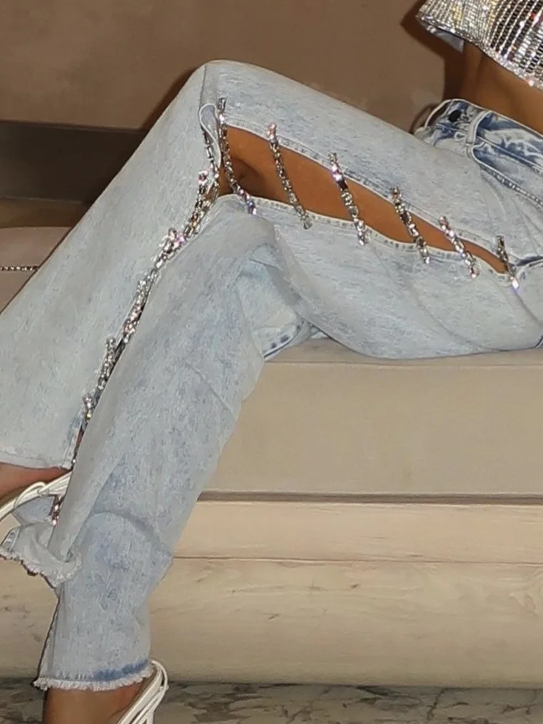 Athvotar Athvotar Jeans Women Loose Mid-Rise Broad Leg Trousers Diamond Spliced Side Hollow Drag Trousers Sexy