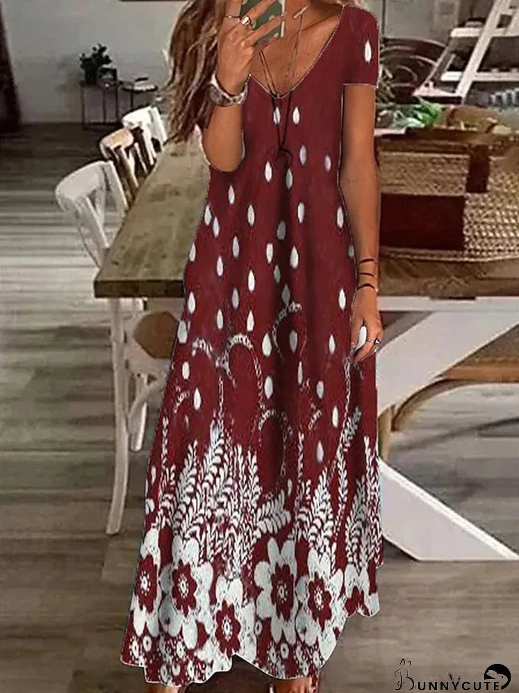 Dresses Printed V-Neck Short Sleeve Dress for Women