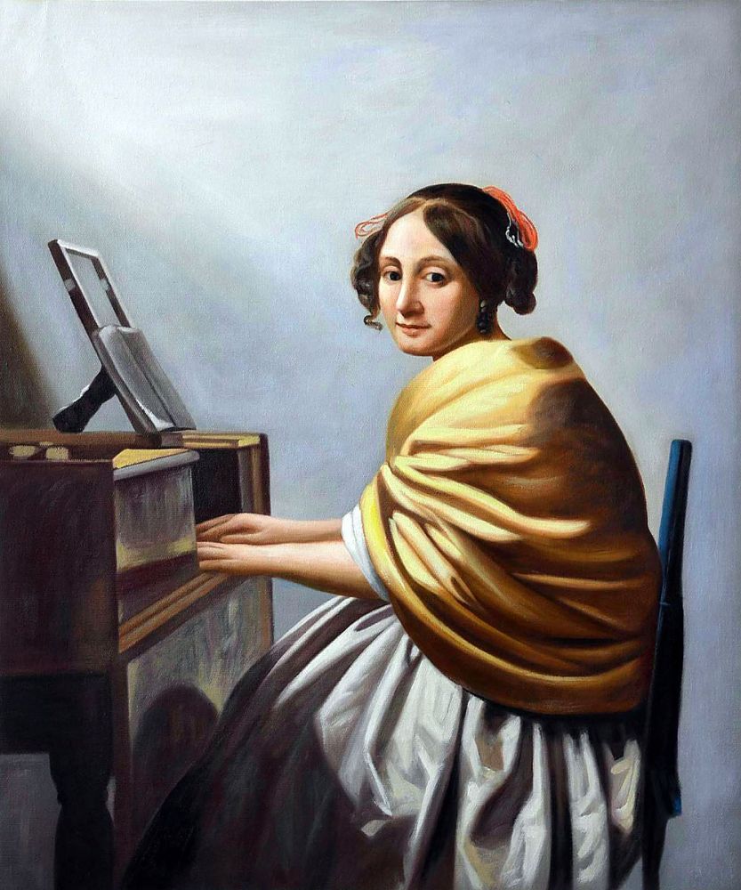 Cotton Tshirt Young Woman Seated at the Verginals by Johannes Vermeer Canvas Art Painting for Living Room Wall Decor Classic Figure Painting t -shirt Tee