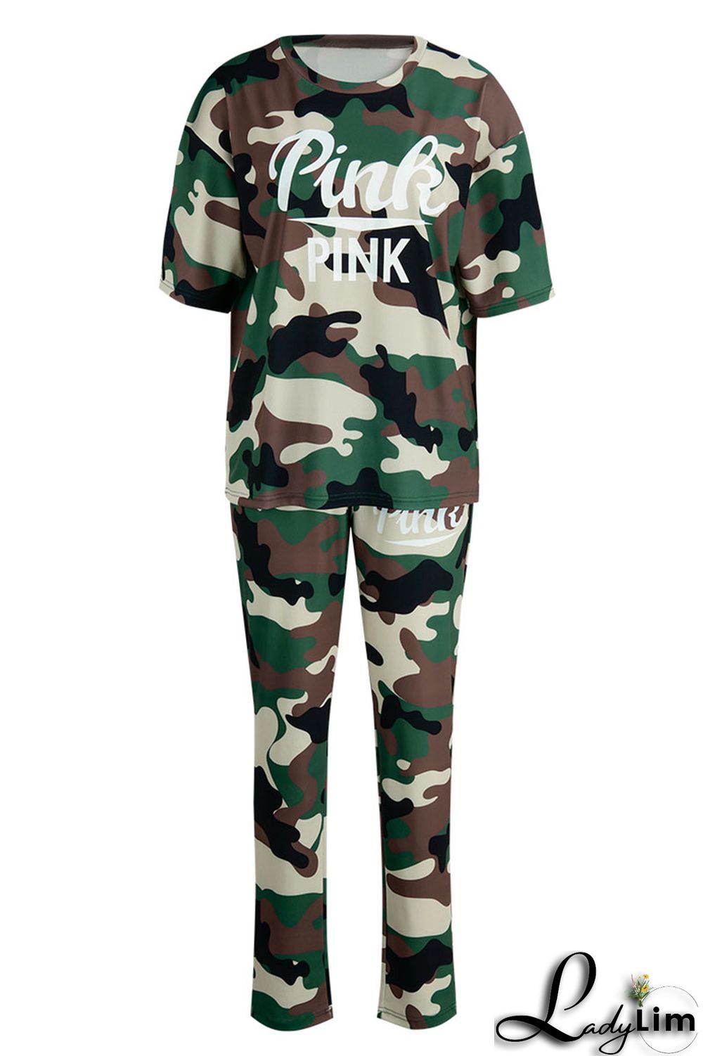 Light Brown Casual Print Camouflage Print Patchwork O Neck Short Sleeve Two Pieces