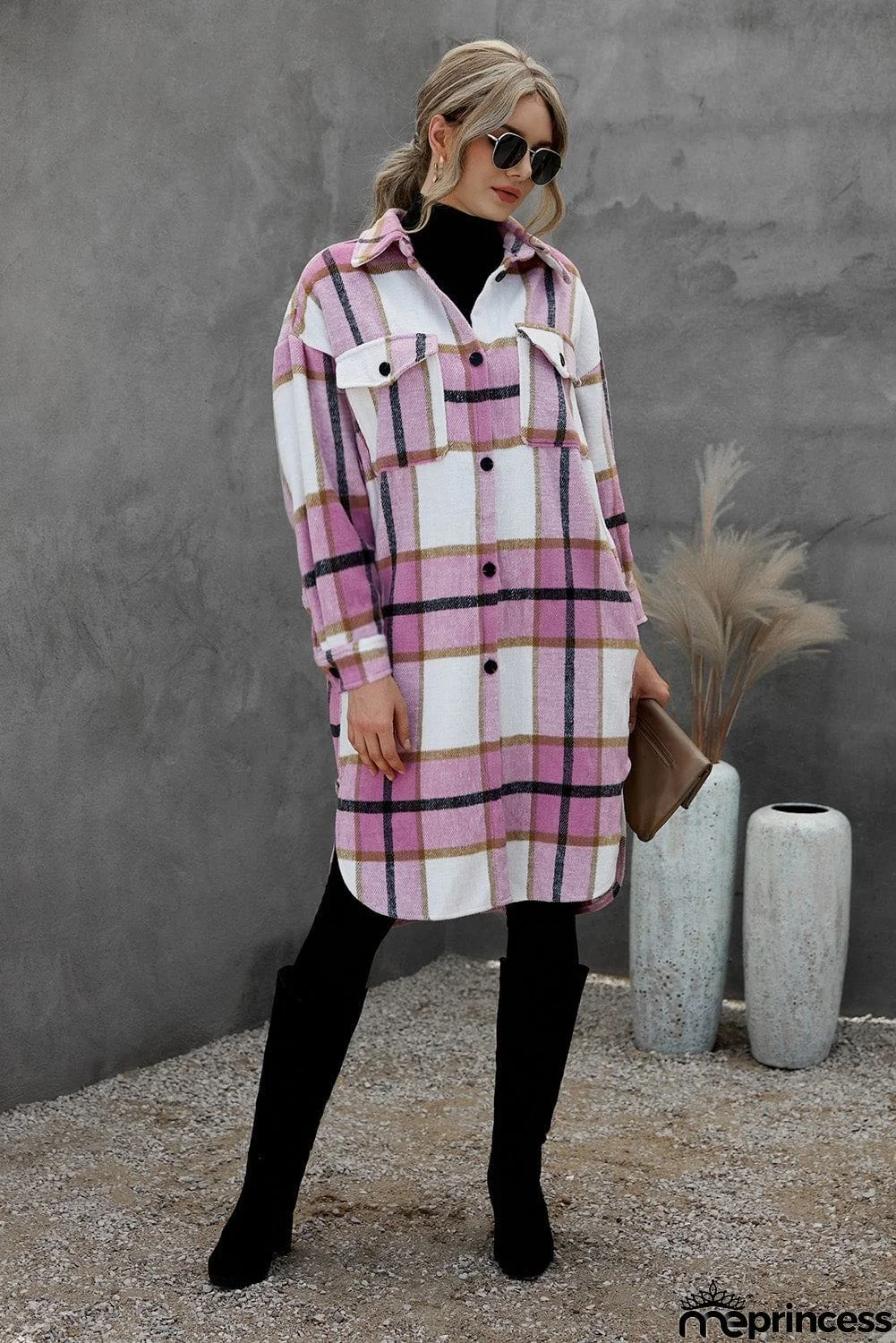 Khaki Turn-down Collar Pocket Button Plaid Coat