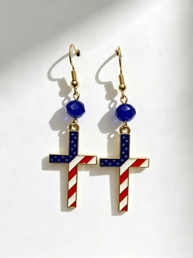 U.S. 250th Anniversary Retro Red, White, And Blue Cross Earrings 