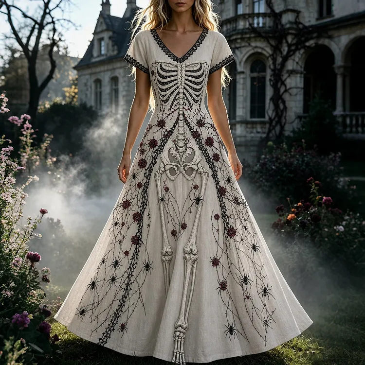 Women's  Retro Gothic Skull Floral Pattern Short Sleeves Maxi Halloween Dress