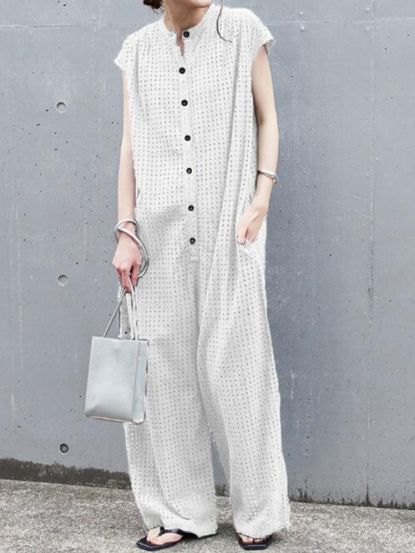 Single Breasted Sleeveless Loose Eyelet Jumpsuit