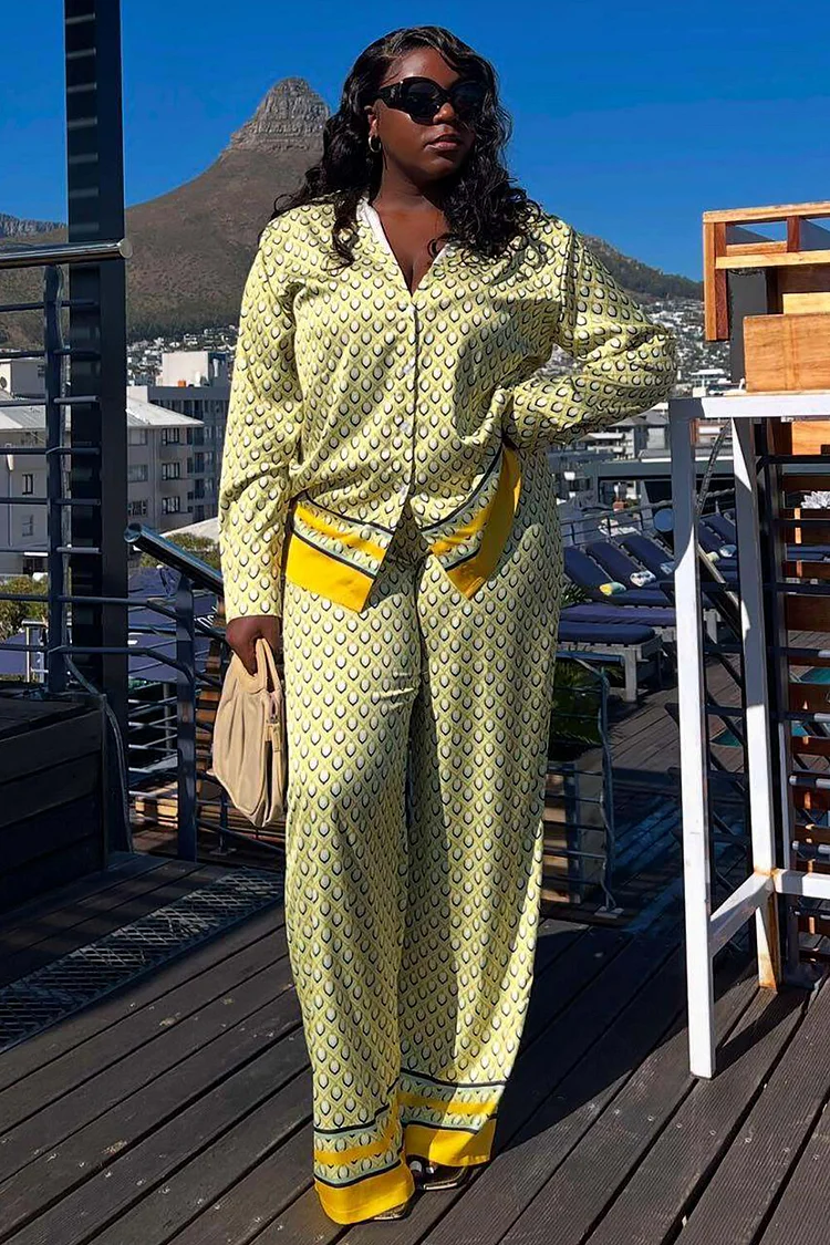 Graphic Print Long Sleeve Striped Blouse Wide Leg Pants 2pcs Set-Yellow