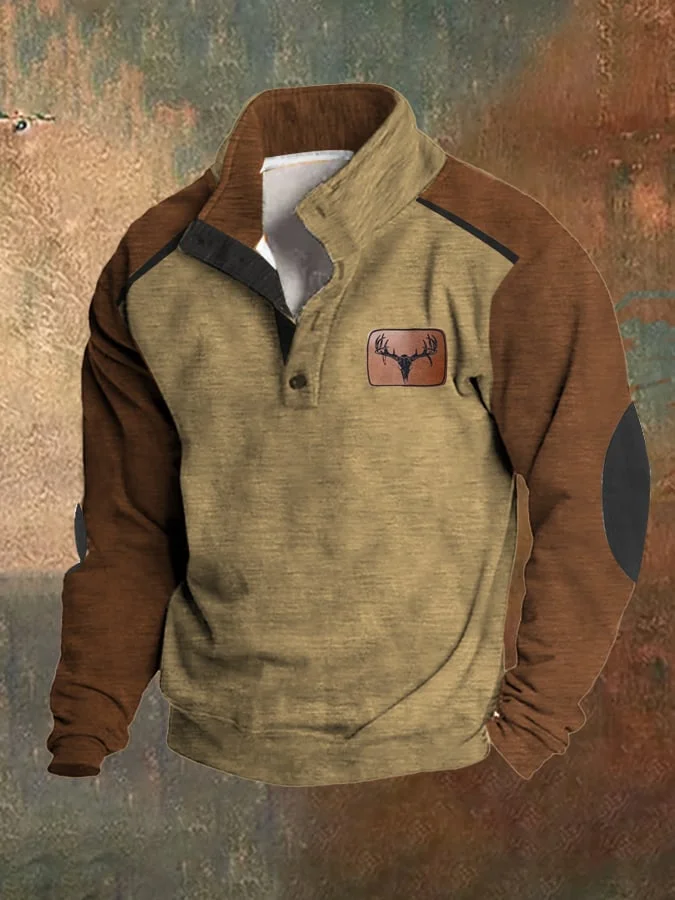 Men's Fleece Vintage Hunting Deer Stand Collar Sweatshirt
