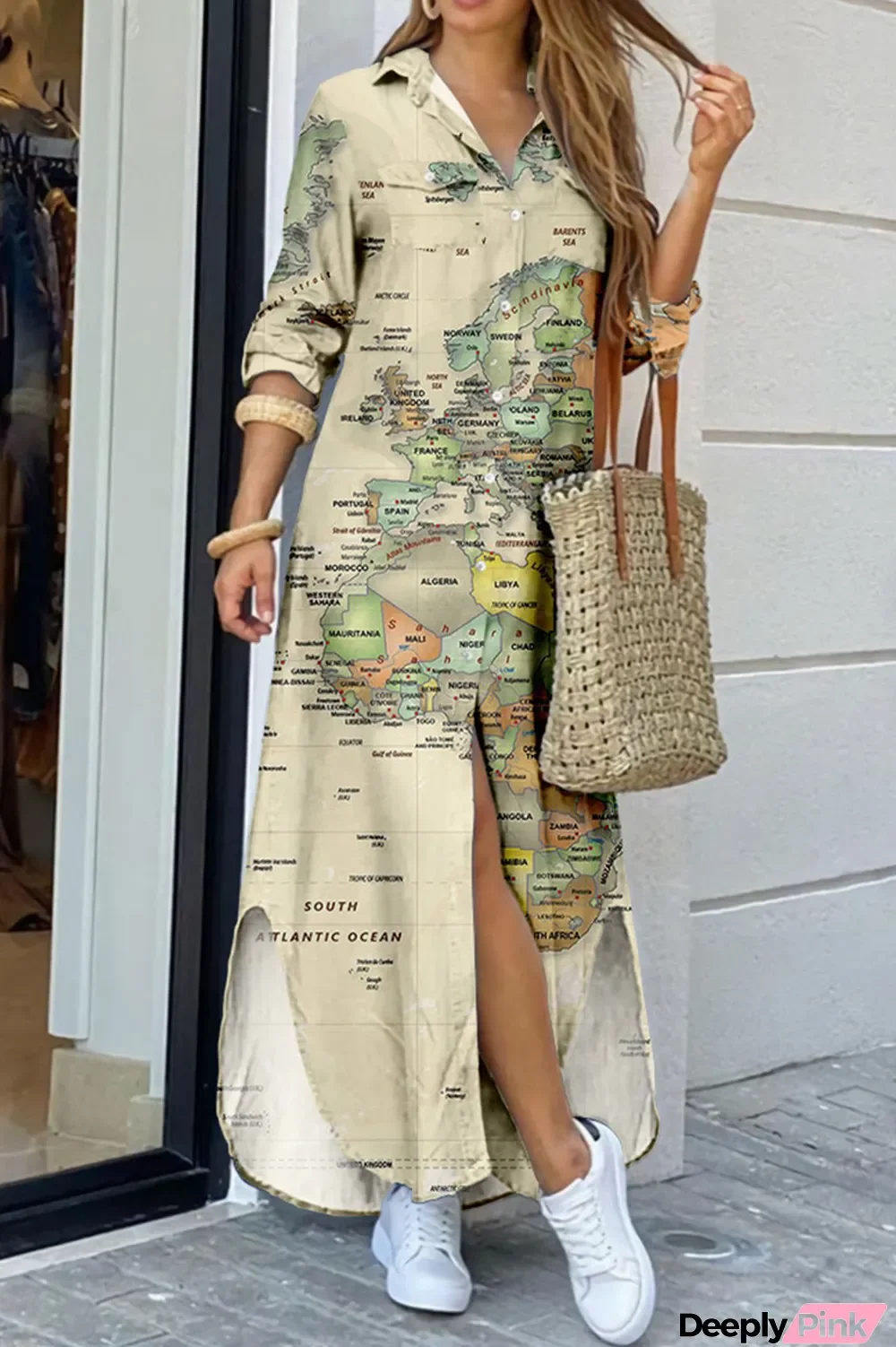 Light Khaki Casual Print Patchwork Buckle Turndown Collar Shirt Dress Dresses