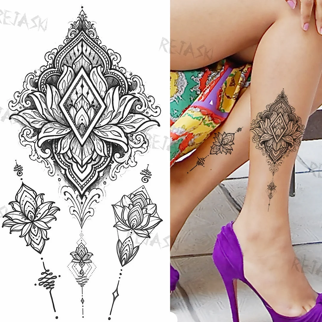 Mandala Flowers Temporary Tattoo For Women Black Henna Mehndi Tattoos Sticker Rose Lace Owl Fake Jewelry Tatoos Body Chest Back