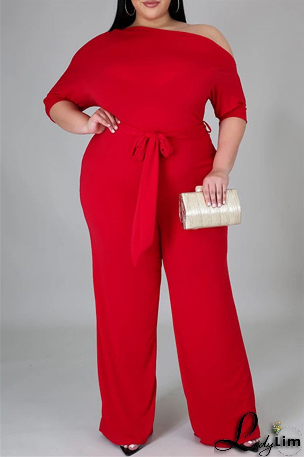 Red Fashion Casual Solid Basic Oblique Collar Plus Size Jumpsuits