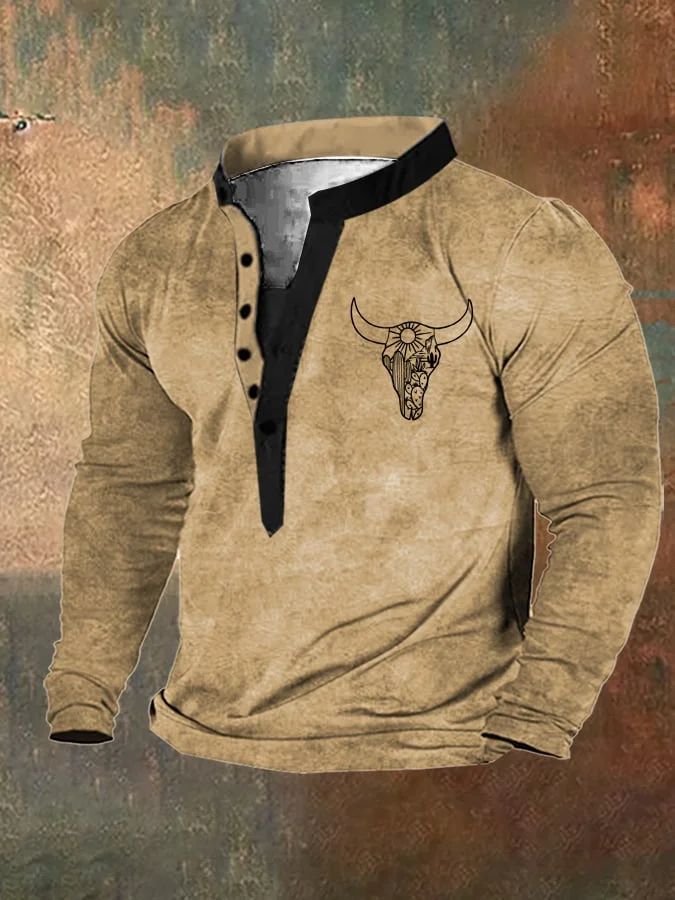 Men's Retro Style Cow Skull Henley Neck Sweatshirt