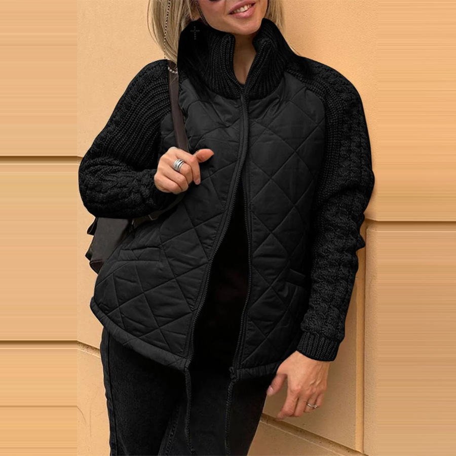 Mature Women Stand Collar Cotton Jacket With Pockets Fashion Knitted Stitching Zipper Coat Winter Warm Tops