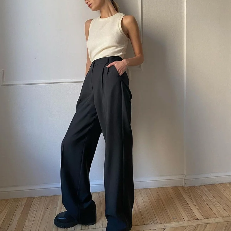 Hirsionsan High Waisted Loose Straight Trousers Women 2022 New Office Lady Cusual Wide Leg Pants Vintage Zipper-Up Female Pants
