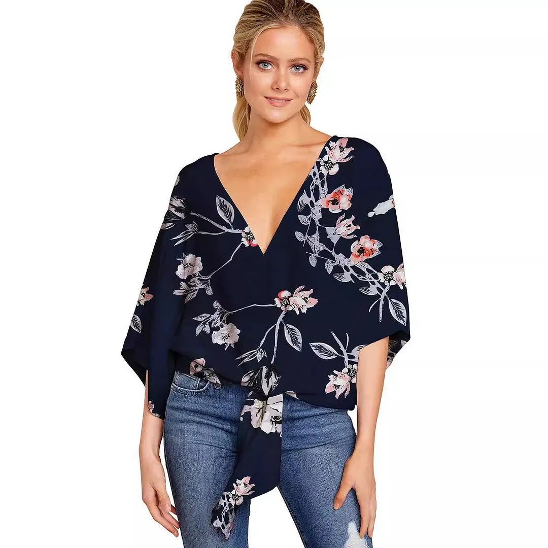 Nigikala Nigikala Women's Sexy Hot Girl Spring And Summer V-Neck Short-Sleeved Knot Print Shirt