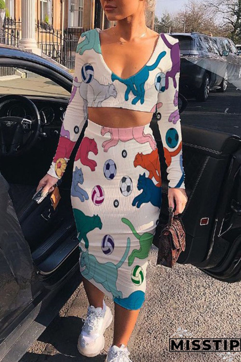 Pink Gray Casual Print Patchwork V Neck Long Sleeve Two Pieces