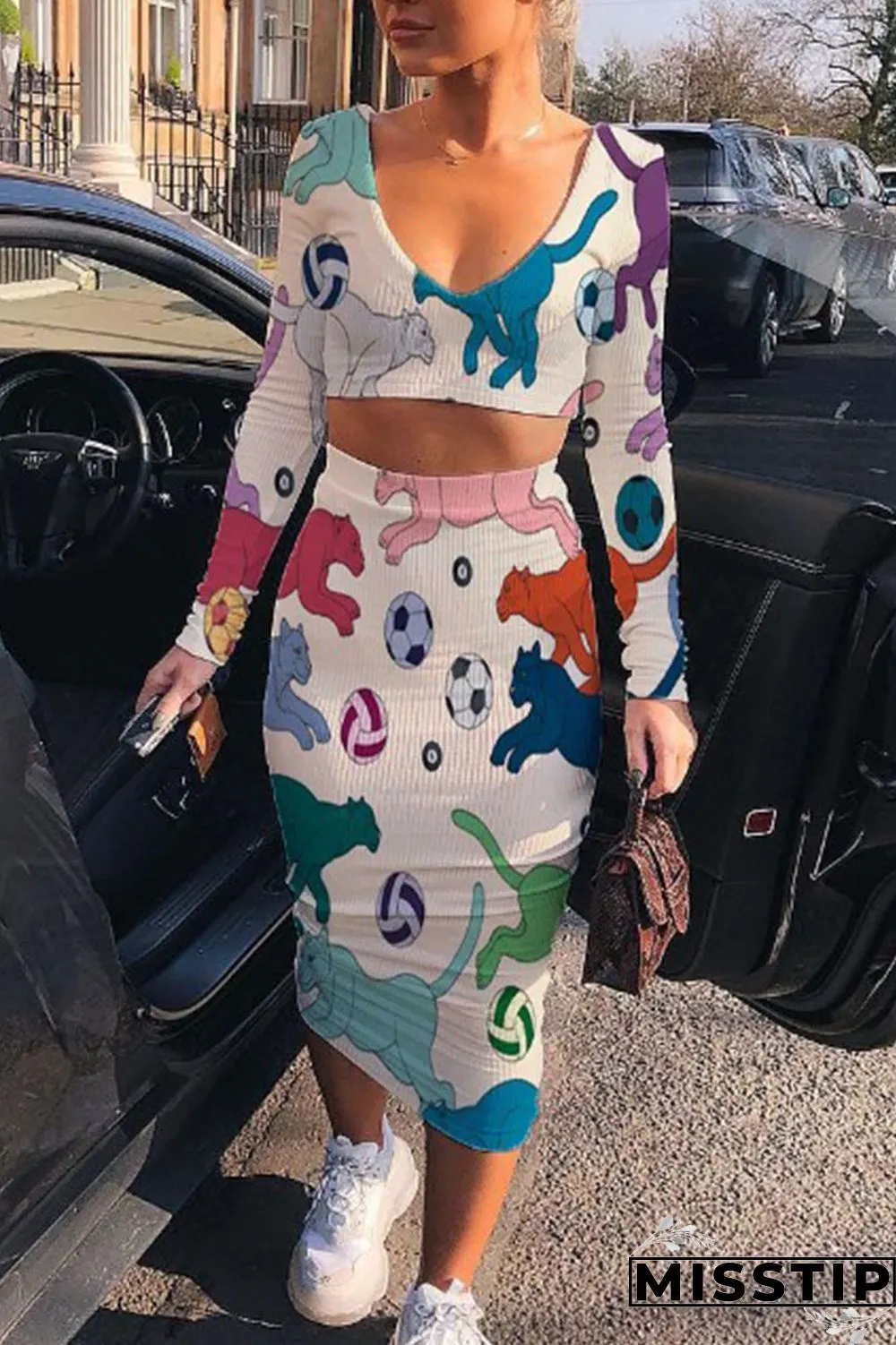Pink Gray Casual Print Patchwork V Neck Long Sleeve Two Pieces