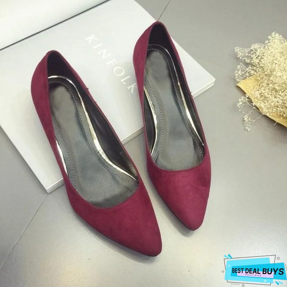 Women Low Heel Pumps Flock Plain Shallow Slip On Flats Shoes