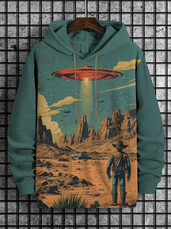 Men's Western Cowboy Meets UFO Art Print Hooded Sweatshirt