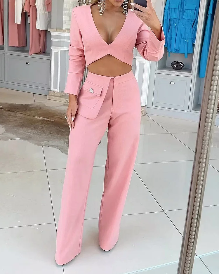 Fashionable Solid Color V-neck Top & Pants Two-piece Set