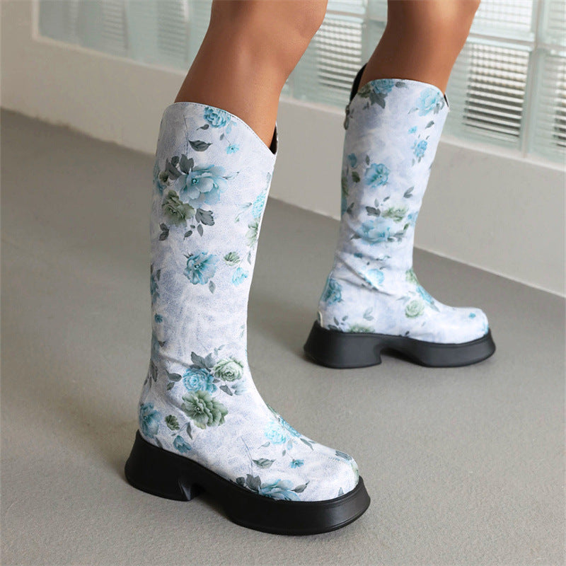 Women's flower print boots under knee Chunky platform pull on boots