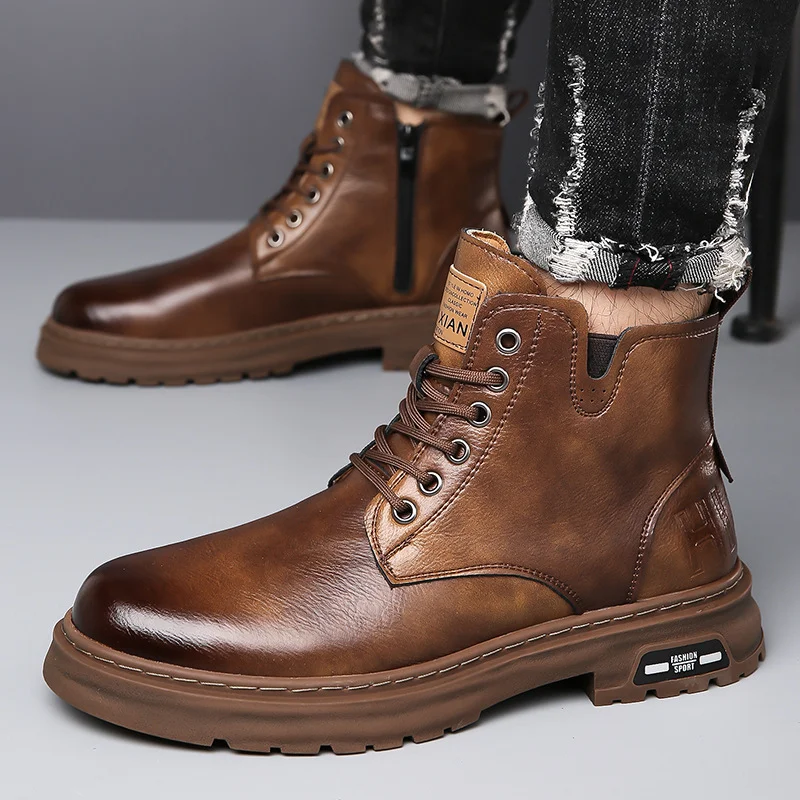 Men's High Top British Style Leather Shoes Rider Motorcycle Snow Boots