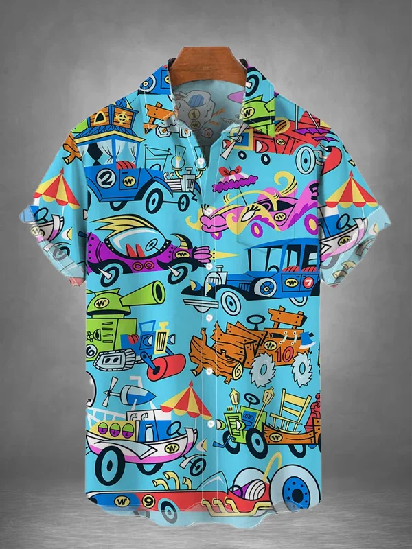 Men's Vintage Cartoon Car Graphic Print Short Sleeve Shirt
