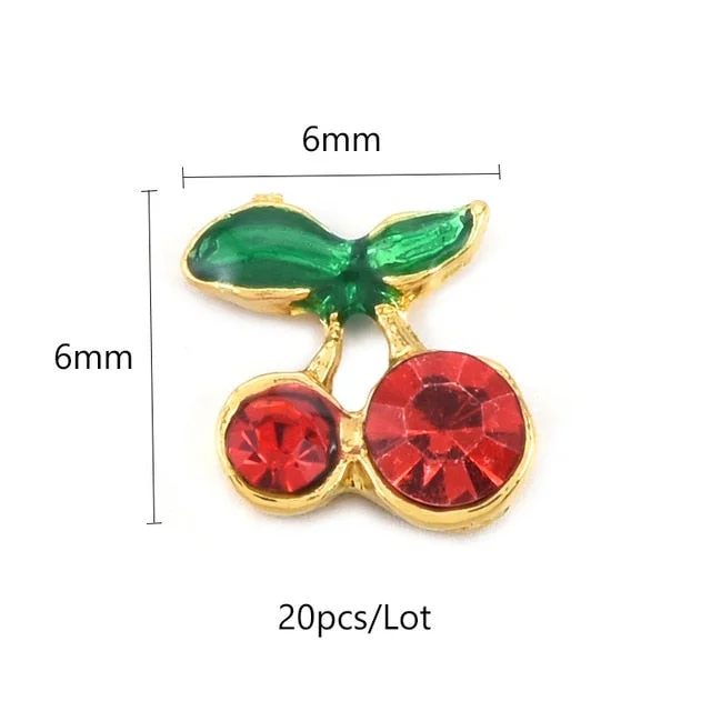 20pcs Nail Charms Cherry Alloy 3D Red Nails Rhinestones Crystal Cherries Leaves Press On Tips Acrylic Jewelry Accessories