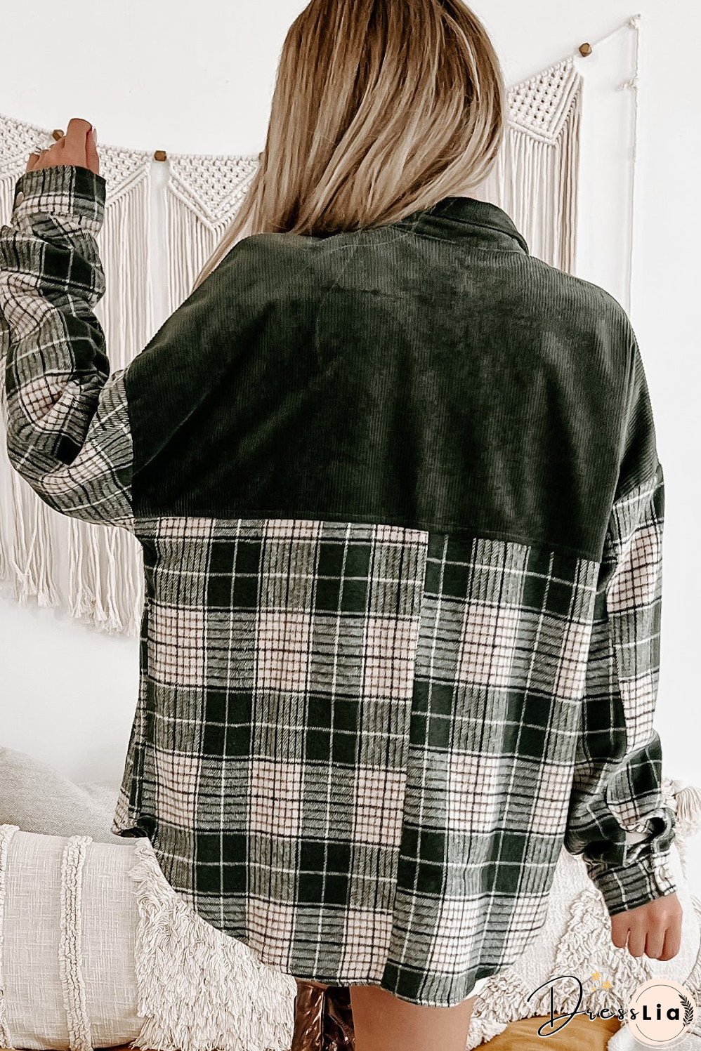 Green Plaid Corduroy Jacket with Pockets