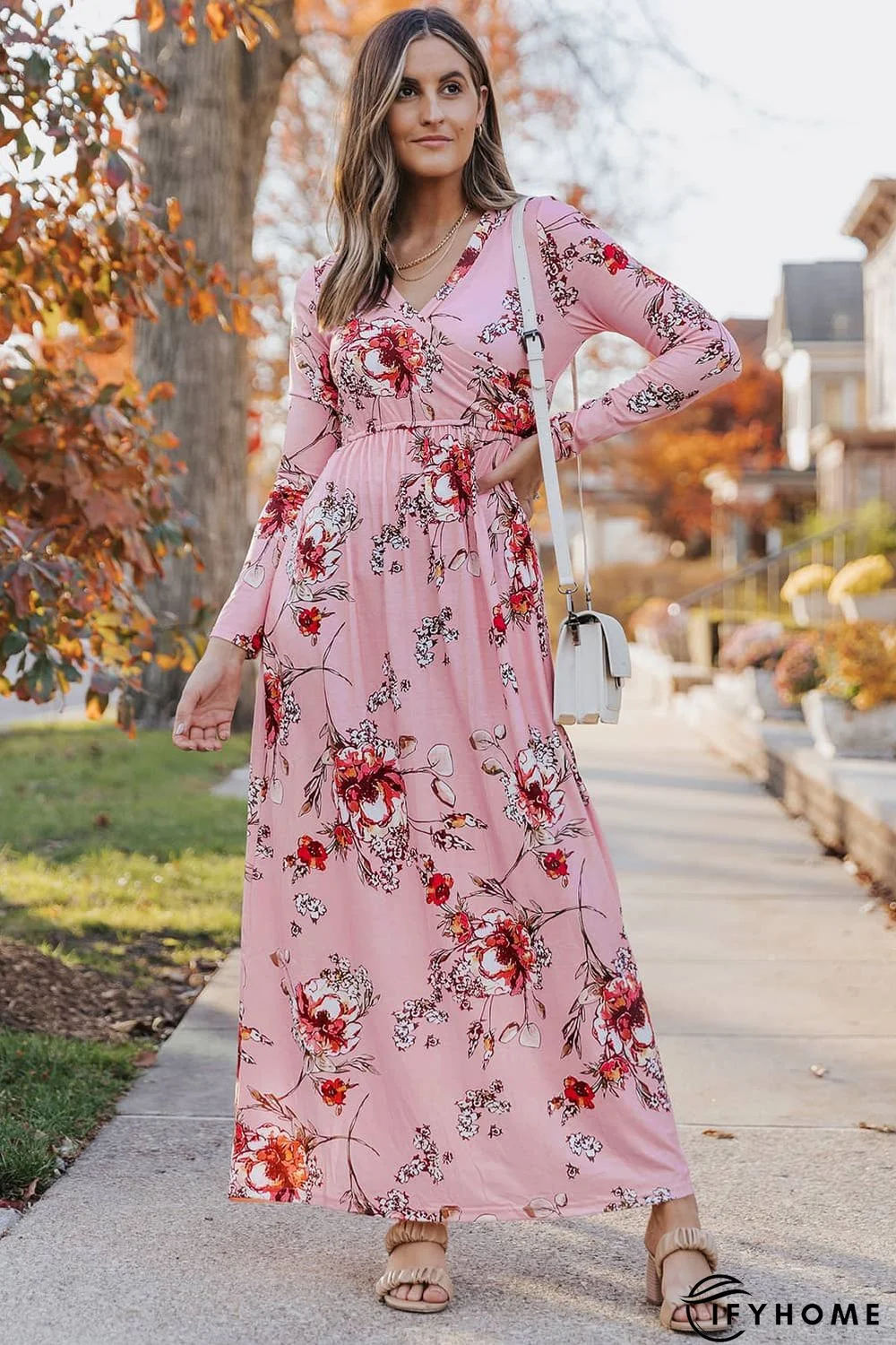 Pink  Wrapped V Neck Floral Long Sleeve Empire Maxi Dress | IFYHOME