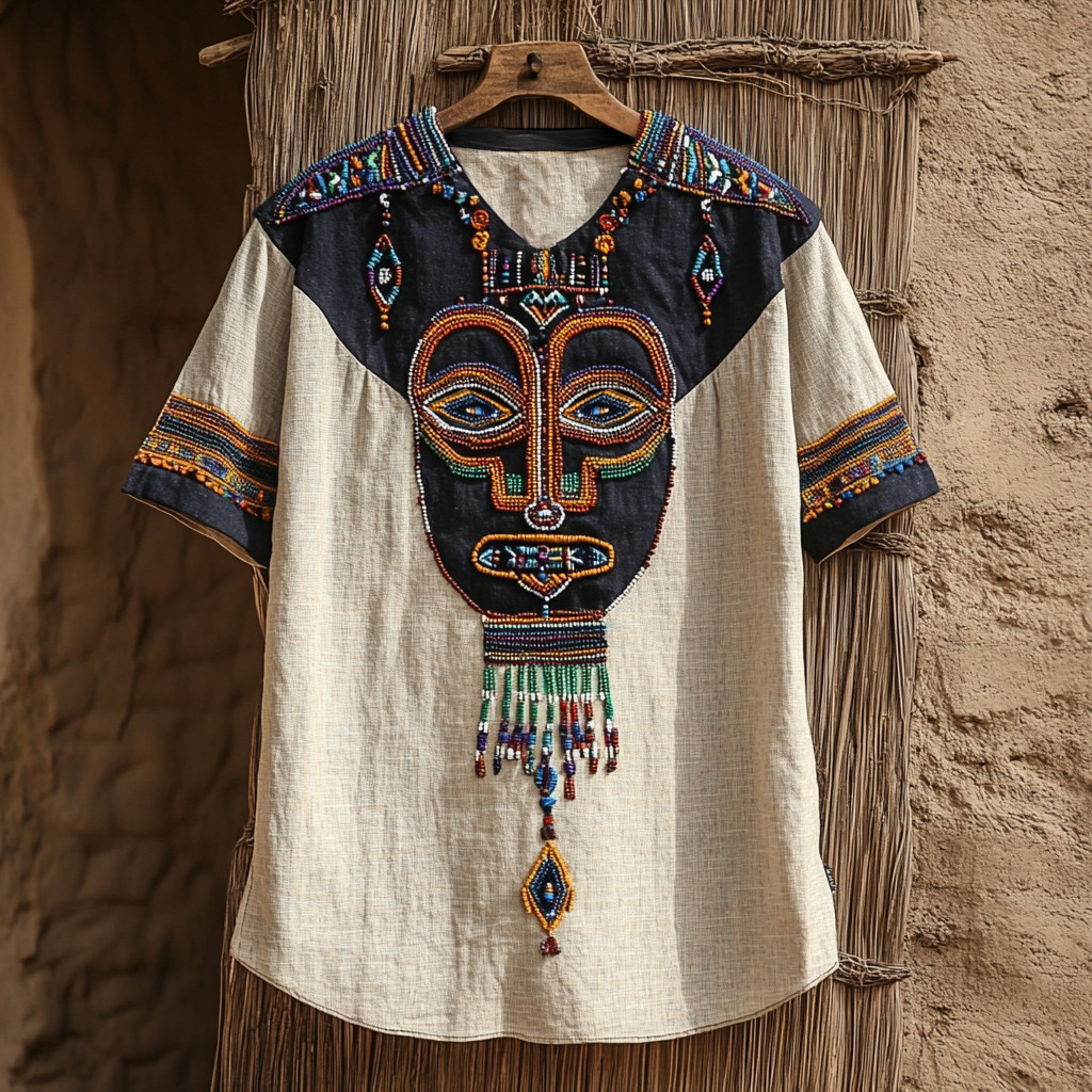Men's African Masks Ethnic Tribal Art Contrasting Colors Linen T-shirt